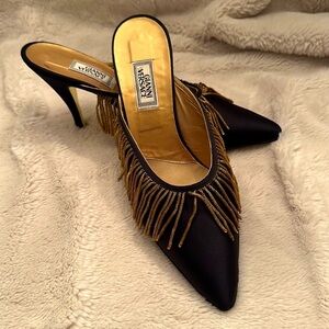 Versace 3” silk mules with a metallic gold fringe. New w/o box